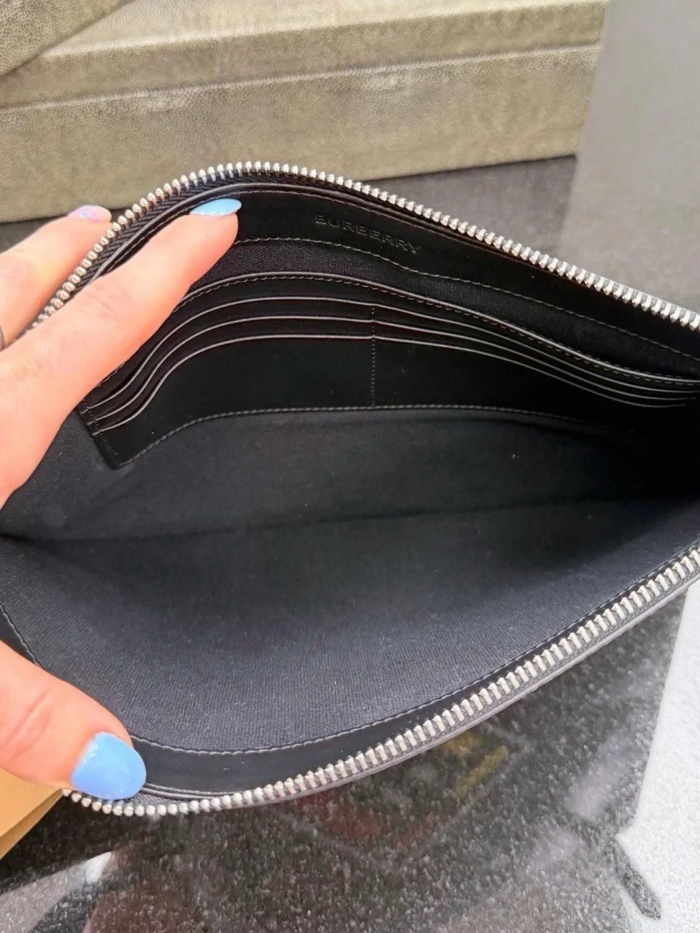 Burberry Black Gloss Leather Wristlet Pouch with Multicolor Logo